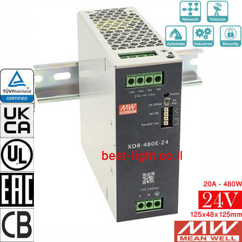 ספק כוח תעשייתי בפס דין Meanwell XDR-480E-24  24V 480W